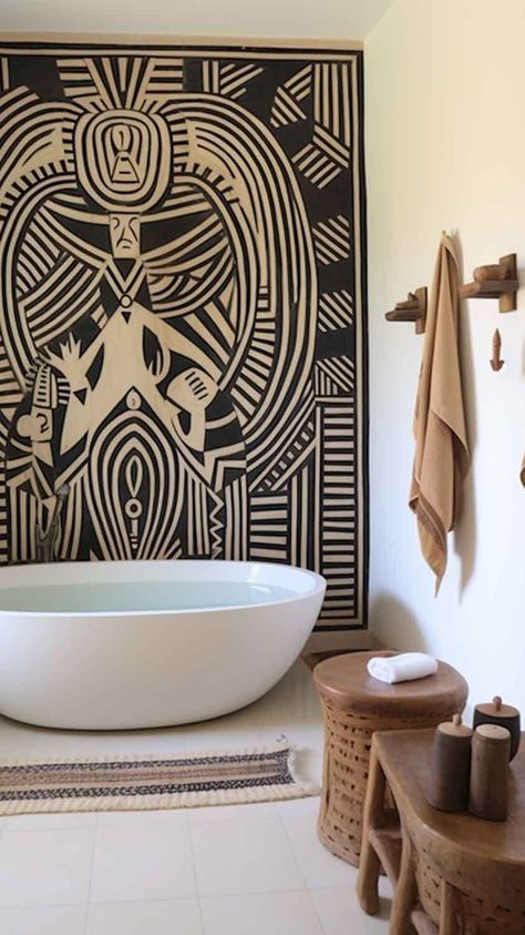 Serengeti-Inspired African Bathroom: Transform your bathroom into a Serengeti-inspired oasis. Earthy tones, natural textures, and tribal accents create a serene and exotic atmosphere, turning your bathroom into a tranquil retreat. See more on Nymphs Daily Blog. African Bathroom, African Inspired Decor, Bathroom Oasis, Tranquil Retreat, Wooden Vanity, Indigenous Community, Dream Design, Bathroom Style, African Inspired