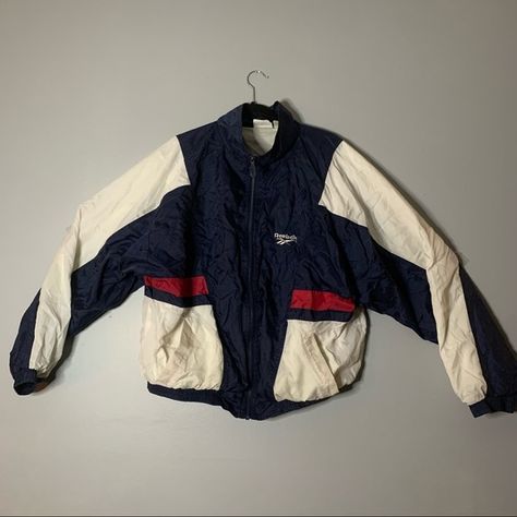 Reebok Red White Blue Jacket VTG Reebok Jacket, Parachute Jacket, Blue Windbreaker, Blue Crewneck, Vintage Windbreaker, White Jacket, Jacket Vintage, Blue Jacket, Red Jacket