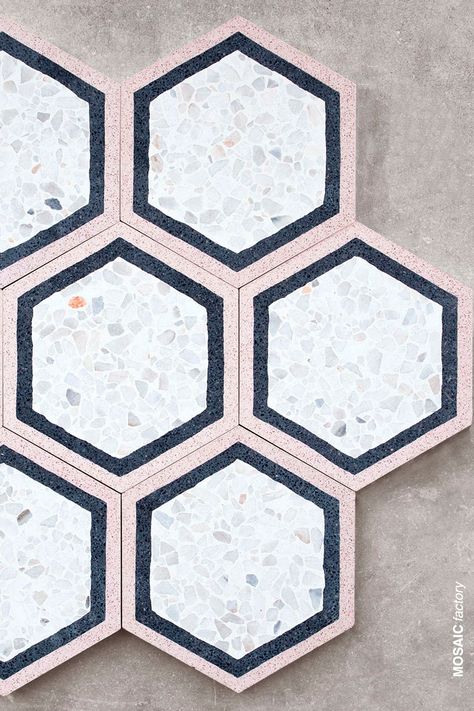 White, pink and black hexagon terrazzo tiles from Mosaic Factory. The honeycomb tile pattern is reference H504 in colours T30, G32, G16 from the "Pattern" collection. Visit our website and discover all the shapes, sizes, patterns and colours of our terrazzo tile collections! #mosaicfactory #flooringideas #floortiles #tiles #interiordesign Bathroom Terrazzo Floor, Terrazo Pattern, Terrazo Tile, Terrazzo Floor Tiles, Honeycomb Tile, Entry Tile, Pretty Bathrooms, Terrazzo Tile, Concrete Diy Projects