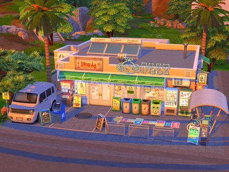 Sims Supermarket, Sims 4 Supermarket Build, Sims 4 Supermarket, Sims 4 Community Lots, Mt Komorebi, Sims4 Lookbook, Commercial Ideas, Ts4 Lots, Oasis Springs