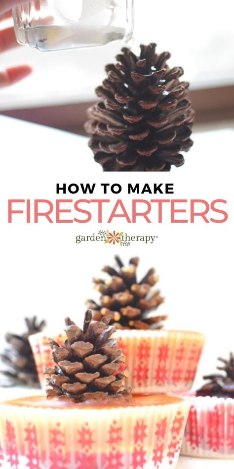 Looking for an easy, seasonal gift to bring to your next get-together? Make these fun pinecone firestarters and get ready to cozy up by the hearth! #gardentherapy #crafts #diy #pinecones Pinecone Recipe, How To Make Pinecone Fire Starters, Pinecones Fire Starter Diy, Wax Dipped Pine Cones Fire Starters, Pinecone Firestarters, Pine Cone Fire Starters, Firestarters Diy, Pinecone Fire Starters, Fire Starters Diy