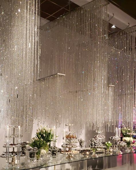 Crystal Hanging Decor Wedding, Ceiling Drape Wedding, Crystal Themed Wedding Decor, Diamond Event Decor, Crystal Chandelier Aesthetic, Crystal Theme Wedding, Crystal Wedding Decor, Dream Wedding Reception, Wedding Mirror