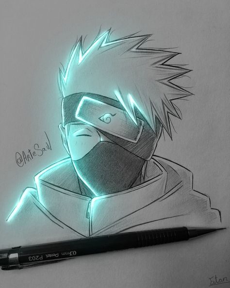 Kakashi Glow Art, How To Draw Kakashi, Kakashi Drawing Art, Glow Sketch, Kakashi Sketch, Kakashi Eye, Glow Drawing, Kakashi Chidori, Joker And Harley Tattoo