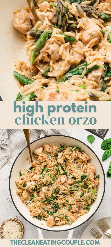 High Protein Chicken Orzo is one of our favorite weeknight meals. It's easy to make in one pot! Cheesy, creamy orzo, asparagus and chicken get tossed together for a delicious easy dinner! One Pot Chicken Orzo, Orzo With Chicken, High Protein Chicken, Creamy Orzo, Orzo Recipe, Custom Menu, Chicken Orzo, Protein Dinner, High Protein Meal