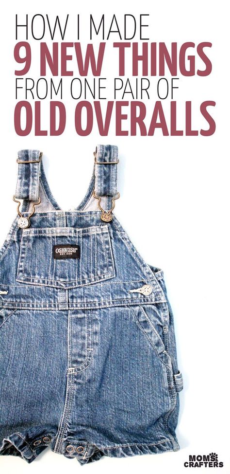 Wow! You'll never want to throw out your kids old clothes again! This mother uses a single pair of old overalls in a baby size to make nine recycled denim crafts - and still had some left! Click for the DIY tutorials and to see how. | DIY | Trash to Crafts | Old Overalls Ideas, Recycled Denim Crafts, Recycling Denim, Old Clothes Diy, Carhartt Overalls, Kids Overalls, Denim Projects, Baby Overalls, Environmental Education