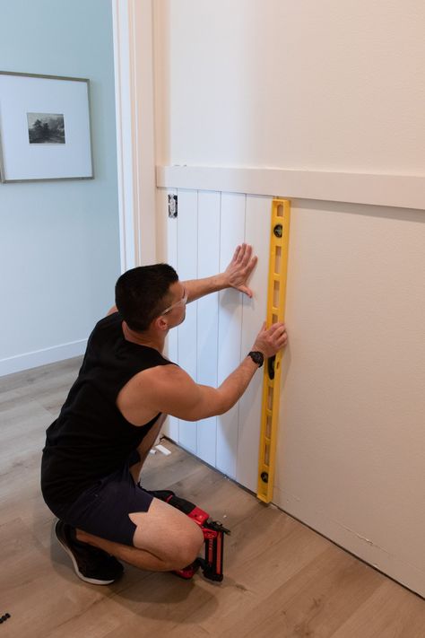 Easy Weekend Mudroom Refresh with a DIY Peg Rail and Shiplap Wall - Chelsey Freng Mudroom Shiplap Wall, Diy Peg Rail, Mini Mudroom, Fill Nail Holes, Peg Wall, Basement Doors, Shiplap Boards, Peg Rail, Easy Weekend Projects