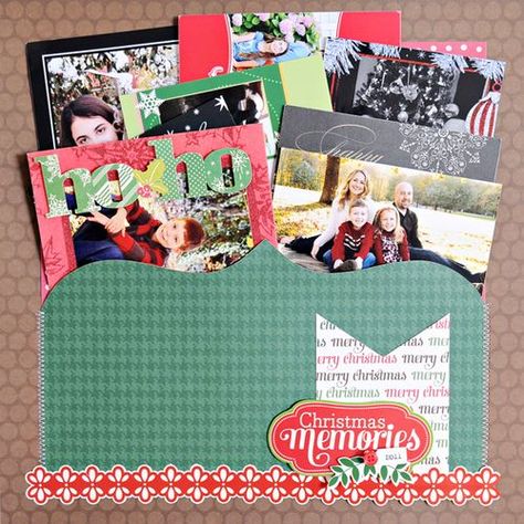 Pocket Page Layout-she used it for photo Christmas cards but I'm kinda thinking I'd like to use this for random photos from different events that aren't really great as a feature photo but still want to hold on to. Pocket Page Scrapbooking Ideas, Scrapbook Pocket Pages Ideas, Theatre Scrapbook, Scrapbook Pockets, Card Keeper, Scrapbook School, Pocket Page Scrapbooking, Scrapbook Christmas, Scrapbook Letters