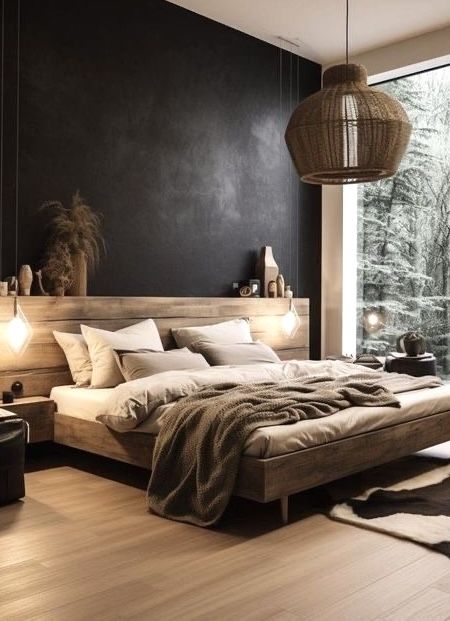 Monochrome Wood Interior, Black Japandi Bedroom, Monochromatic Interior Design Monochrome, Masculine Minimalist Bedroom, Black Rustic Bedroom, Monochromatic Bedroom Ideas, Small Bedroom Designs Cozy, Monochromatic Bedrooms, Dark Scandinavian Bedroom