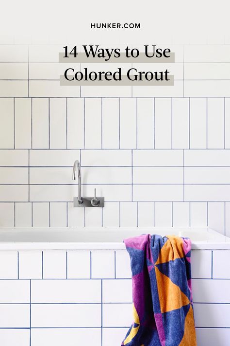 Purple Grout Bathroom, White Tile Colored Grout Bathroom, Bright Tiled Bathroom, Colored Grout Backsplash, Green Tile Pink Grout, Bathroom Coloured Grout, Colourful Grout Bathroom, Colour Grout Bathroom, Red Grout White Tile