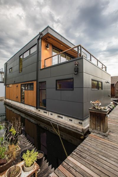 Houseboat Design Seattle, WA |Natural Modern Architecture Firm Houseboat Design Ideas, Boat House Architecture, Floating House Design, Living On A Boat Houseboats, Houseboat Design, Seattle Waterfront Home, Float House, Lake Powell Houseboat, Seattle Houseboat