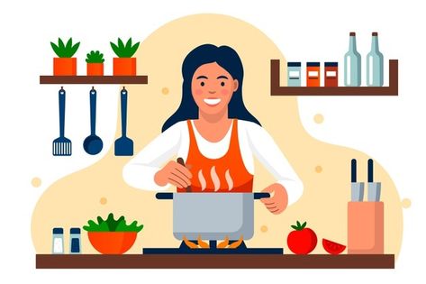 Smiley woman cooking in the kitchen | Free Vector #Freepik #freevector #kitchen #human #person #cook Woman Cooking, Colorful Restaurant, Cooking Icon, Cooking Theme, Cooking In The Kitchen, Fashion Design Template, Flyer Printing, Vector Food, Cooks Illustrated