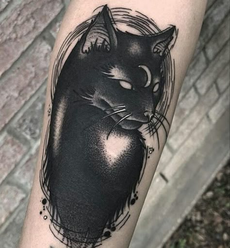 Bastet Tattoo, Tattoo Gato, Mysterious Tattoo, Egyptian Cat Goddess, Goddess Bastet, Pumpkin Tattoo, Black Tattoo Cover Up, Cat Goddess, Black Cat Tattoos