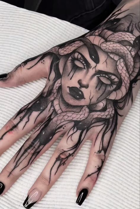 Dark Tattoo Idea, Elegant Hand Tattoos For Women Classy, Hand And Sleeve Tattoos For Women, Witch Hand Tattoo Designs, Medusa On Hand Tattoo, Medusa Tattoo Design On Hand, Madussa Tattoo Design Hand, Hand Tattoos Medusa, Medusa Tattoo On Hand