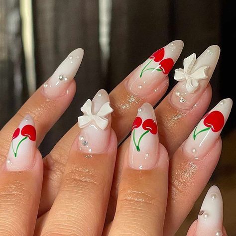 White Manicure Ideas, White Aura Nails, Nails With Cherries, Nail Polish Ideas Easy, White Aura, White Manicure, Geometric Nail Art, Cherry Nails, Geometric Nail