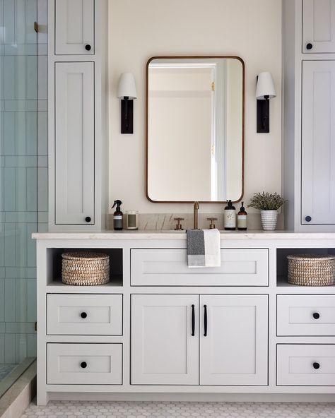 Laura Christian | A calm and collected bathroom with many thoughtful details throughout! I think the counter cabinets for extra storage are my favorite… | Instagram Small Bathroom Upper Cabinet Ideas, Lots Of Storage Bathroom, Double Sink Bathroom Vanity With Storage, Bathroom With Linen Cabinet, Double Vanity With Storage, Bathroom Vanity With Tall Side Cabinet, Bathroom Vanity With Storage Tower, Hampton Style Bathrooms, Counter Cabinets