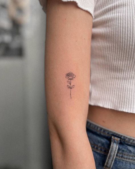 Fine Line Rose Tattoo, Line Rose Tattoo, Fine Line Rose, Rose Stem Tattoo, Rose Tattoo Placement, Tiny Elephant Tattoo, Rose Tattoo On Arm, Earthy Tattoos, Rose Flower Tattoos