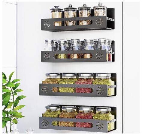 The Front guardrail of magnetic shelf for refrigerator features a delicate hollow pattern design that is stylish and minimalistic. The center hollow design allows you to instantly see the remaining quantity inside the stored items. The side panels adorned with star-shaped decorations not only enhance the aesthetic appeal but also effectively prevent items from falling. Magnetic Organizer, Magnetic Spice, Fridge Shelves, Fridge Organisers, Spice Rack Organiser, Spice Bottles, Kitchen Spices, Spice Storage, Kitchen Rack