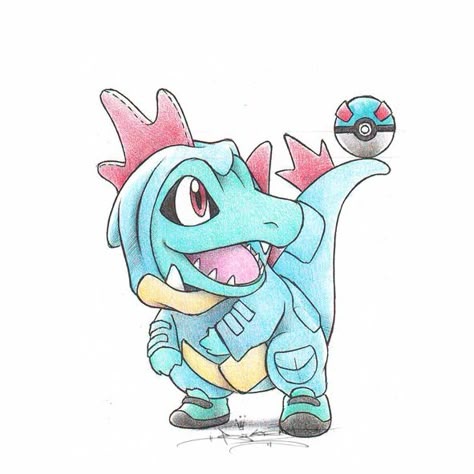 http://pksp0601.deviantart.com/art/Totodile-wearing-a-Feraligatr-Kigurumi-356949988 Feraligatr Art, Itsbirdy Pokemon, Totodile Art, Baby Pokemon, Pokemon Starters, Pokemon Sketch, Pokemon Fusion Art, Pikachu Art, Pokemon Tattoo