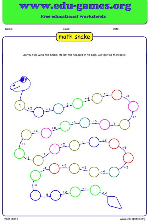 Math snake is a fun way for the students to practice basic math operations. Snake Worksheet, Number Snake, Fun Worksheet, First Grade Math Worksheets, Math Operations, Fun Math Activities, 2nd Grade Math Worksheets, 1st Grade Math Worksheets, Math School