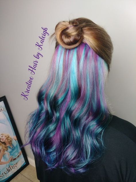 Peak A Boo Rainbow Hair Color, Blue Purple Pink Hair Peekaboo Highlights, Mermaid Hair Color Peekaboo Blonde, Peak A Boo Hair Color Blonde, Mermaid Hair Color Peekaboo, Kids Hair Color Ideas Girls Fun, Kids Hair Dye Ideas, Peekaboo Rainbow Hair, 2023 Haircolor