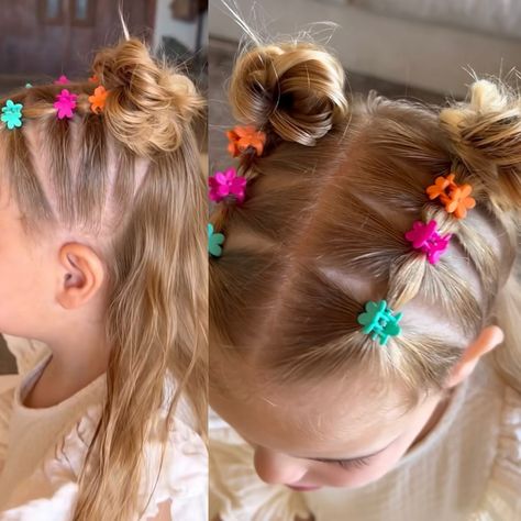 Colorful Hair Ties Hairstyles, Toddler Hair Clips Styles, Toddler Butterfly Clip Hairstyles, Prek Hairstyles Girl, Kindergarden Hair Styles, Toddler Hairstyles Girl With Bangs, Toddler School Hairstyles Girl, Preschool Teacher Hairstyles, Butterfly Clips Hairstyles Kids