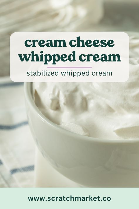 Discover the smooth, creamy, and fluffy perfection of our Stabilized Whipped Cream with Cream Cheese - a delightful homemade treat with no gelatin needed! Experience the authentic taste of this rich and velvety dessert topping. Indulge in its luscious texture and elevate your dessert game effortlessly. Perfect for cakes, pies, cupcakes and more. Give it a whirl! Whipped Cream With Cream Cheese, Cream Cheese Recipe, Recipe With Cream Cheese, Cream Cheese Frosting Easy, Whipped Cream Recipe, Whipped Cream Cheese Frosting, Stabilized Whipped Cream, Recipes With Whipping Cream, Homemade Pudding