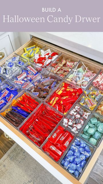 Horderly on Instagram: "It’s spooky season 🎃 So many of our clients have told us that the process of categorizing before organizing reminds them of organizing their Halloween candy as kids. 🍬 If you’re looking for a fun Halloween activity to do with your kids, consider setting up a festive Halloween drawer at your home! Do you have an organized candy drawer at home? We’d love to see pictures! 🍬🍬 #HalloweenCandy #Organization #HappyHalloween #CandyOrganization #TheContainerStore #OrganizedLif Nightstand Candy Storage, Organized Candy Drawer, Snack Set Up, Bedroom Food Storage Ideas, Organized Snack Drawer, Snack Bar Organization, Candy Organization Storage, Candy Storage Ideas Organizing, Candy Drawer Organization