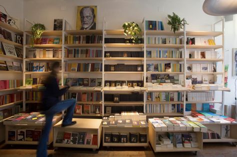 RR | Bookshop & Cafè, Milano | Verso Bookshop Café, Recycled Tile, New Staircase, Vintage Objects, Shop Window, Lamp Decor, Second Floor, Corner Bookcase, Small Spaces