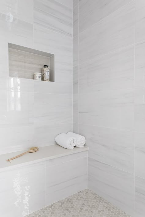 Large Tile Bathroom, Large Shower Tile, White Shower Tile, House Development, Master Bath Tile, White Tile Shower, Master Bath Shower, Shower Wall Tile, White Bathroom Tiles