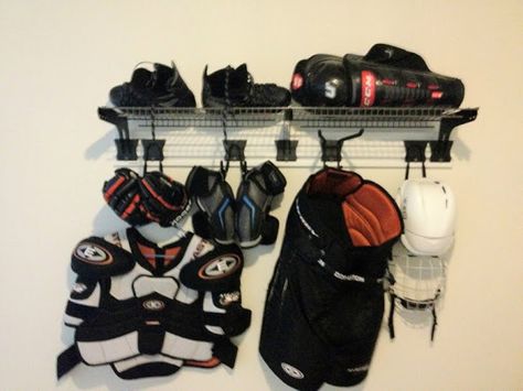 For a long time I have spread my gear on the floor either in the house or in the garage. Fed up with this, I decided to search for a better way to dry my ge... Hockey Gear Storage, Hockey Equipment Drying Rack, Hockey Equipment Storage, Hockey Drying Rack, Hockey Organization, Floors Ideas, K Tape, Hockey Bedroom, Stationary Bicycle