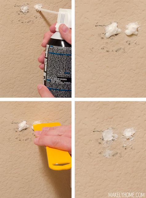 How to Repair  Small Holes in Textured Drywall via MakelyHome.com.  Use spray foam to fix holes the size of a quarter or smaller.  Clever! Hole In Wall Repair, Fix Hole In Wall, Repairing Holes In Drywall, Fix Holes In Drywall Diy, How To Fix Cracks In Drywall, Repair Drywall Hole, How To Fix Big Holes In Drywall, How To Patch Drywall, Drywall Repair