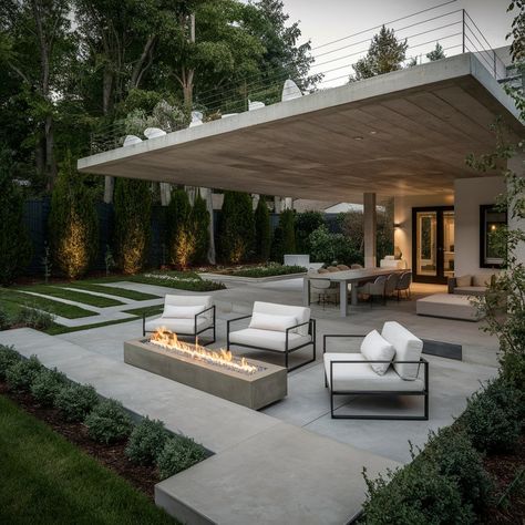 Transform your outdoor space with this stunning minimalist backyard patio. Featuring a floating concrete deck, streamlined furniture in chic neutral tones, and a sleek linear fire pit, this design is perfect for modern homes. Strategic lighting creates ambiance, while manicured greenery adds natural beauty. Ideal for entertaining or relaxation, this low-maintenance, high-style patio brings contemporary elegance to your backyard. Get inspired to create your own minimalist outdoor oasis! #MinimalistPatio #ModernBackyard #OutdoorLiving #ContemporaryLandscaping #BackyardDesign #SleekPatio #OutdoorFirepit #LuxuryOutdoors Modern Minimalist Backyard, Minimalist Backyard, Wasted Potential, Modern Outdoor Living Space, Contemporary Outdoor Living, Backyard Patio Ideas, Modern Outdoor Fireplace, Contemporary Backyard, Concrete Deck