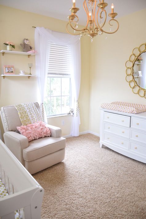 Gold and pink nursery Gold And Pink Nursery, Baby Nursery Dresser, Yellow Nursery Girl, Yellow Girls Room, Baby Nursery Girl, Yellow Baby Room, Girl Nursery Pink