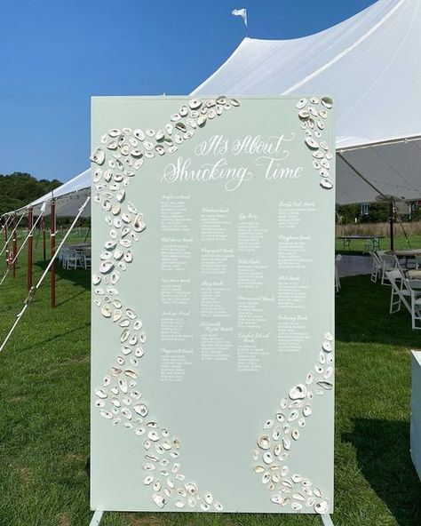 Its About Shucking Time Wedding, About Shucking Time, It’s About Shucking Time, Sage Green Coastal Wedding, About Shucking Time Wedding, Spring Coastal Wedding, Oyster Seating Chart, Sea Glass Wedding, Coastal Wedding Inspiration