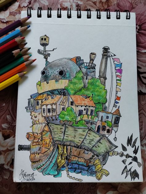 Castle Sketch, Howls Moving Castle Art, Castle Drawing, Studio Ghibli Background, Castle Painting, Color Pencil Sketch, Howl And Sophie, Castle Art, Howl's Moving Castle