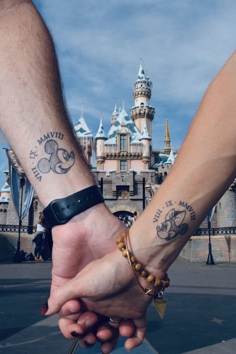 His + hers Mickey + Minnie Mouse anniversary tattoos. Since we spent so much time searching for *just* the right design for our Disney-loving selves, thought I’d post it here for others’ inspiration 😊 Mickey and Minnie matching tattoos. Couple Disney Tattoos Matching, Mickey Mouse Matching Tattoos, Disney Love Tattoos, Disney Tattoos For Couples, Couple Tattoos Disney, Couples Disney Tattoos, Mickey Mouse Tattoo Design, Mickey Minnie Tattoo, Matching Tattoos Disney