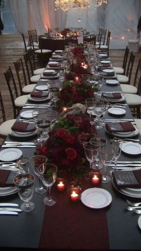 Burgundy And Grey Wedding, Burgundy Wedding Theme, Winter Wedding Table, Maroon Wedding, Wedding Table Linens, Dark Wedding, Long Trench, Fall Wedding Colors, Gray Weddings