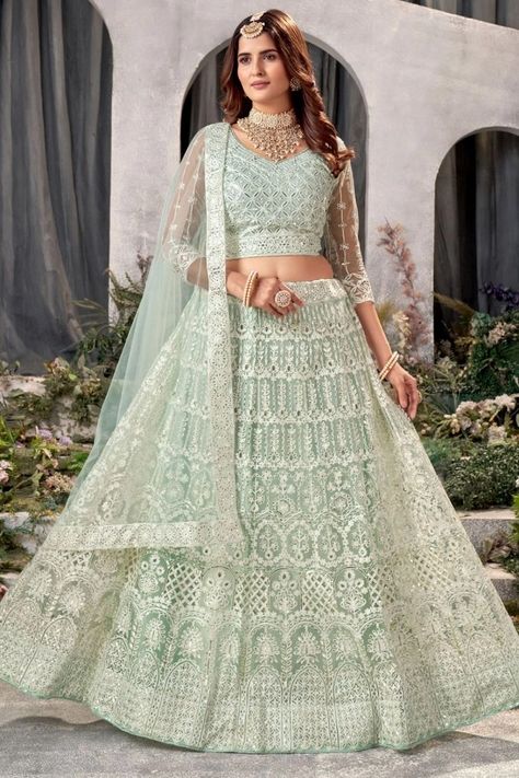 Pista Green Net Embroidered Lehenga Choli Set Mint Green Lehenga Color Combos, Mint Green Lengha, Mint Lehenga, Mint Green Lehenga, Ethnic Lehenga, Green Lehenga Choli, Dori Embroidery, Net Lehenga Choli, Fancy Lehenga