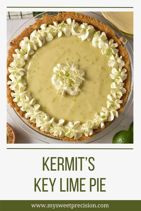 This award-winning Kermit's key lime pie recipe is sweet, tangy, and perfect for summer! Condensed milk adds a sweet and rich flavor that is complemented by the key lime juice. Easy to make and bursting with citrusy flavors, it's the perfect treat for any occasion. Key Lime Filling, Key Lime Pie Easy, Key Lime Pie Recipe, Homemade Graham Cracker Crust, Lime Pie Recipe, Keylime Pie Recipe, Homemade Graham Crackers, Key Lime Juice, Cookie Crust