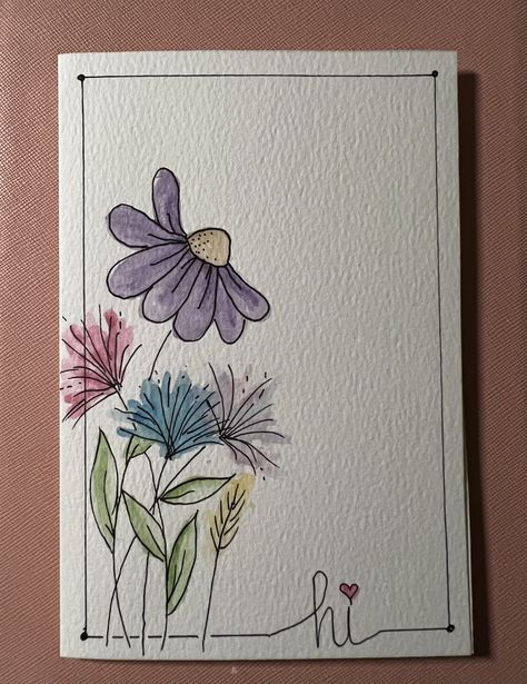 Watercolor Birthday Cards Flowers, Brushpen Art For Beginners, Watercolor Ink Flowers, Watercolor Thank You Cards Diy Simple, Painting Cards Ideas, Watercolor Crayons Ideas, Hand Painted Cards Ideas Simple, Water Colour Card Ideas, Watercolor Greeting Card Ideas