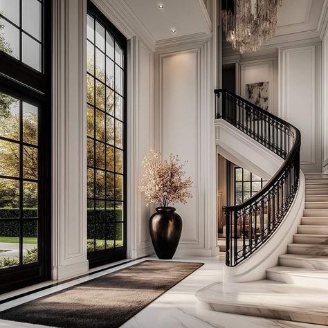 Modern Mansion Hallway, Double Staircase Entrance, Stone House Plans, Elegant Staircase, Staircase Art, Living Room Decor Lights, Luxury Mansions Interior, House Interior Design Styles, French Style Homes