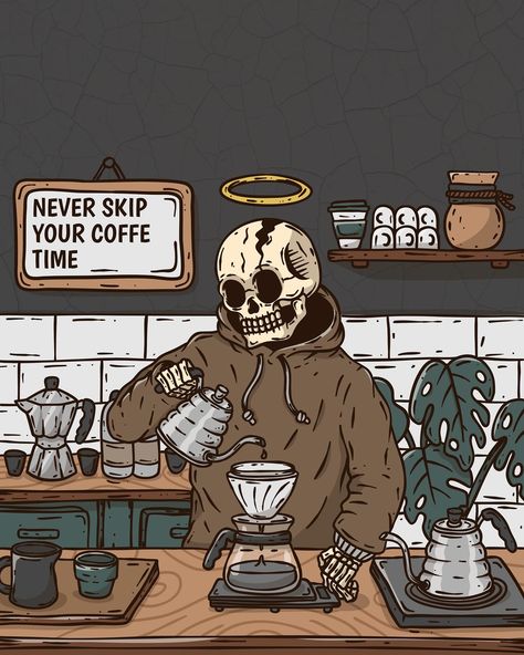 NEVER SKIP YOUR COFFEE TIME!!! . . #cofeetime #art #skull #skullart #skeletonartwork #coffeeaddict #coffee #addict Good Vibes Art, Tato Maori, Skeleton Artwork, Skull Coffee, Abstract Surrealism, Skeleton Coffee, Mood Art, Fantastical Creatures, Coffee Wallpaper