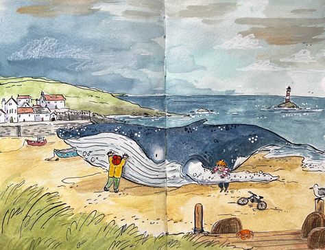 This little scene popped into my head today so I had to get it onto paper… these two are trying to help a stranded whale… 🐋 swipe for scanned in version! . Materials used: @moleskine watercolour sketchbook @schmincke_official watercolours Some gouache from my plate of paint (mixed brands) @ecolineworld and @tombow_uk markers Dip pen and ink @carandache luminance pencils and neocolours Tono acrylic pen Time taken : 80 minutes Snacks: A large latte from @sabzideli , and a few cashew nuts!... Watercolour Pencils Art, Sea Drawing Ideas, Water Ink Drawing, Whale Illustration Art, Watercolour Pencil Art, Watercolor Pen Art, Carandache Luminance, Hall Illustration, Watercolor And Pen Art