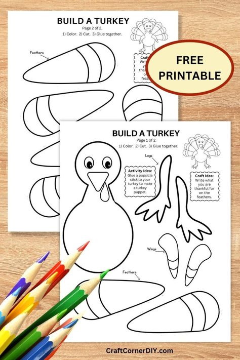 Picture of a Pinterest pin showing a build a turkey craft. Turkey Crafts Preschool, Turkey Crafts For Preschool, Turkey Diy Crafts, Build A Turkey, Printable Thanksgiving Crafts, Thanksgiving Arts And Crafts, Thanksgiving Art Projects, Turkey Template, Turkey Crafts Kids