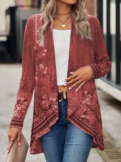 Long Sleeve Ethnic Regular Loose Cardigan For Women 2023 -leladys.com Kimono Outfits, Kimono Outerwear, Asymmetrical Cardigan, Long Sleeve Kimono, Casual Kimono, Womens Jackets Casual, Printed Cardigan, Cardigan Sweaters For Women, Outfit Casual