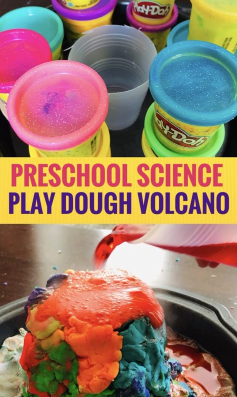 Play Dough Volcano - Fun Preschool Science Activity - Glitter On A Dime Volcano Preschool, Experiment For Preschoolers, Volcano For Kids, Volcano Projects, Making A Volcano, Volcano Activities, Experiments For Preschoolers, Preschool Science Activities, Science Experiments For Preschoolers