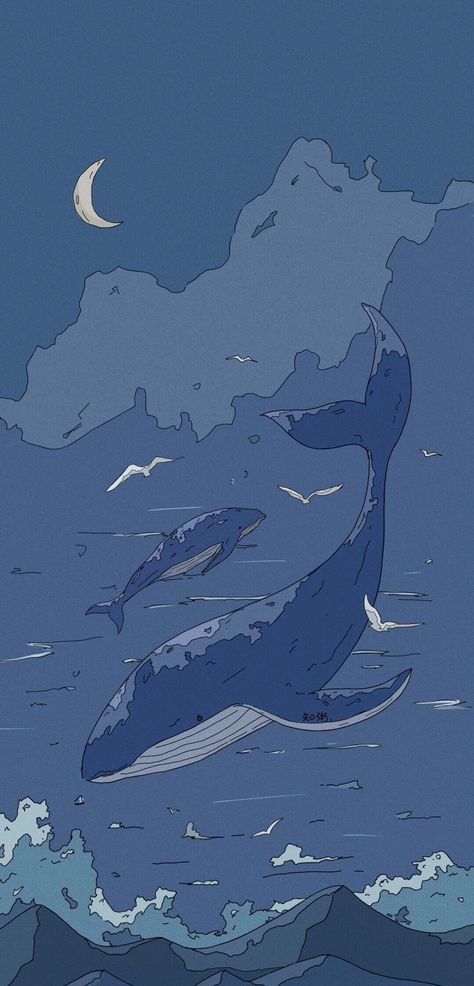 Whales, The Ocean, Birds, Moon, Tumblr, Anime, Blue