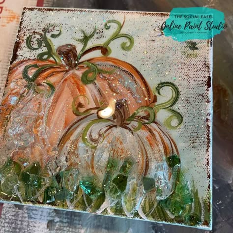 Button Resin Art, Glass On Canvas Art, Resin Fall Crafts, Glass And Resin Art On Canvas, Fall Resin Crafts, Resin Glass Art Diy, Crushed Glass Art On Canvas, Crushed Glass Resin Art, Resin Glass Art