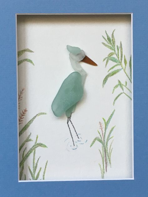 Blue Heron... Sea glass and pebble artwork by Michele Zampella #capecreationsmz Sea Glass And Wire Art, Sea Glass Art Birds, Sea Glass Fish, Cat Sea Glass Art, Diy Sea Glass Art, Beach Glass Art Diy, Sea Glass Art Ideas, Seaglass Birds, Glass Art Diy