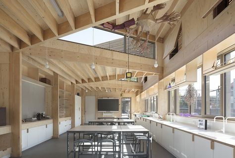 Wooden triangles enliven London science laboratory Classroom Interior, Technology Lab, Kentish Town, Roof Shapes, Passive Design, Timber Buildings, Boundary Walls, London Architecture, Contemporary Cabinets